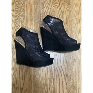 Chinese Laundry‎ Black Slingback Lace Mesh Upper Wedge Sandal SZ: 6